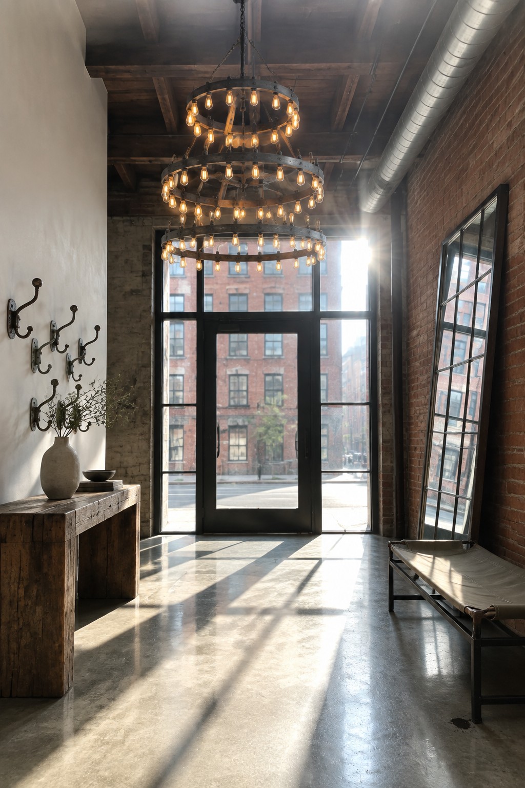 Sunlit industrial foyer with glowing chandelier, concrete floor, brick walls, and glass doors