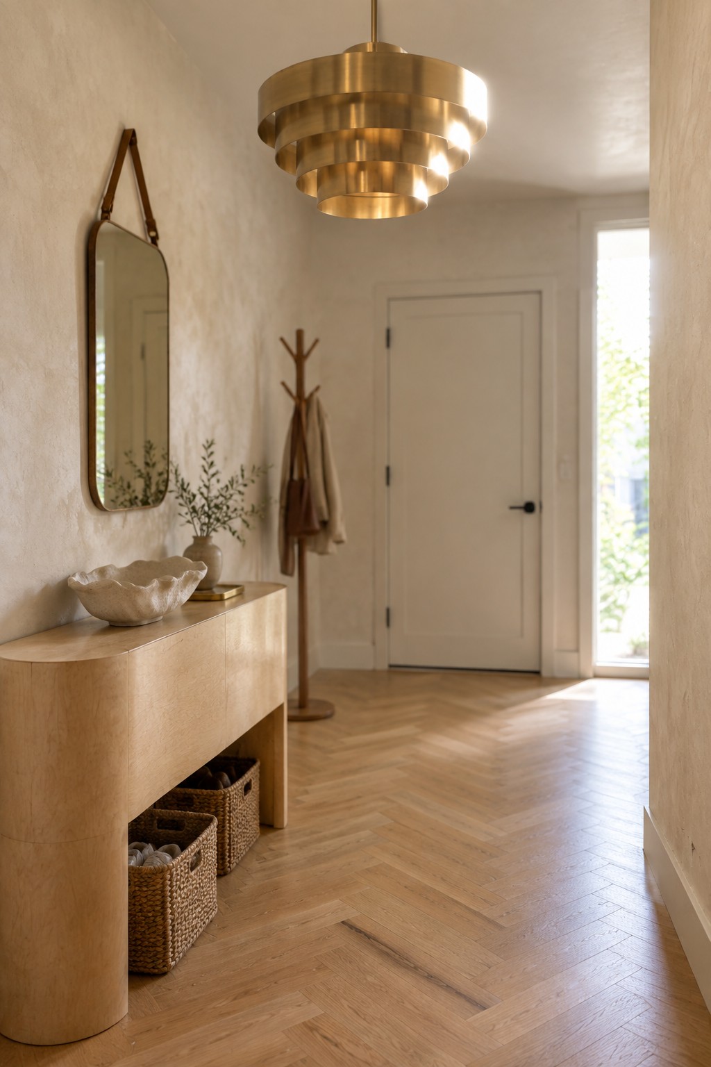 Modern entryway with curved wood console, brass chandelier, woven baskets, and herringbone floor.