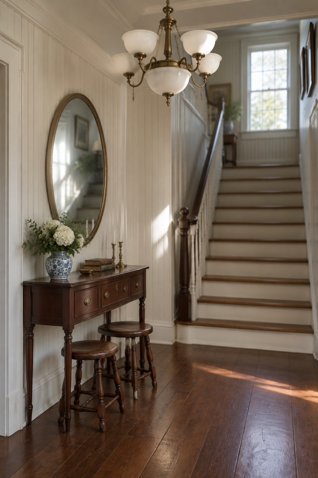 A traditional foyer interior showing a multi-tiered brass chandelier with white glass shades above a dark wood console table, two stools, a round mirror, and a staircase with white balusters.