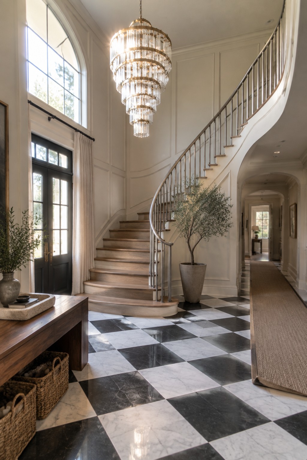Elegant foyer with grand curved staircase, crystal chandelier, and checkered marble floor.