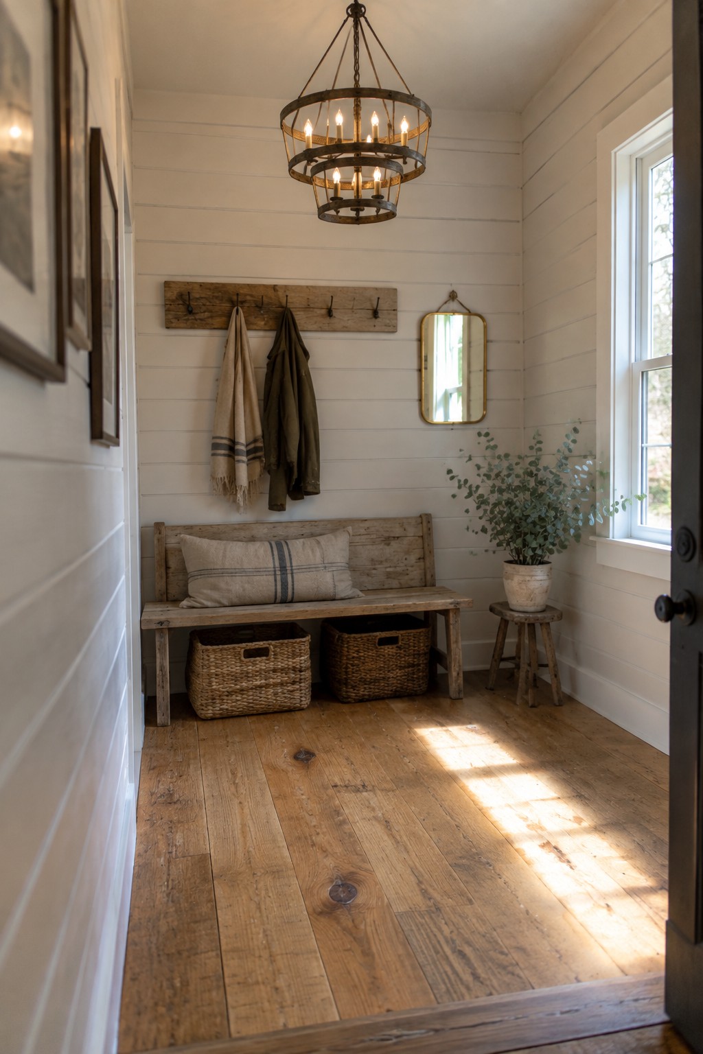 Rustic white mudroom with wooden bench, coat rack, baskets, mirror, and chandelier