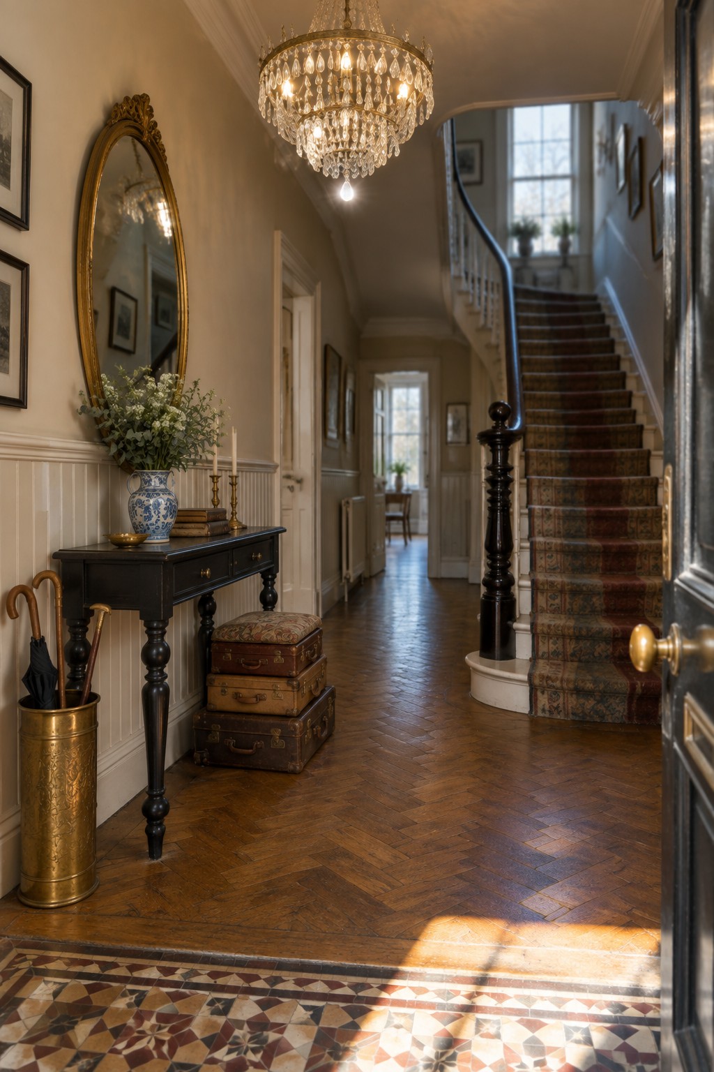 A traditional interior foyer with a large multi-tiered crystal chandelier hanging above a dark wood console table, vintage suitcases, and a staircase with patterned carpet runner.