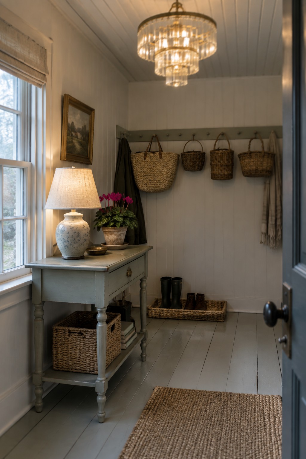 A narrow white foyer with a multi-tiered crystal chandelier above a light blue console table, woven baskets, and boots on the floor.