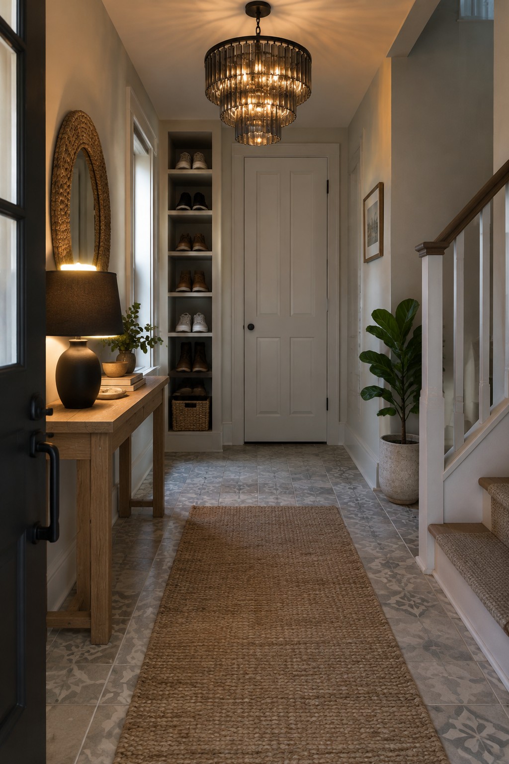 Stylish hallway with console table, shoe shelves, glowing chandelier, and woven rug on tiles