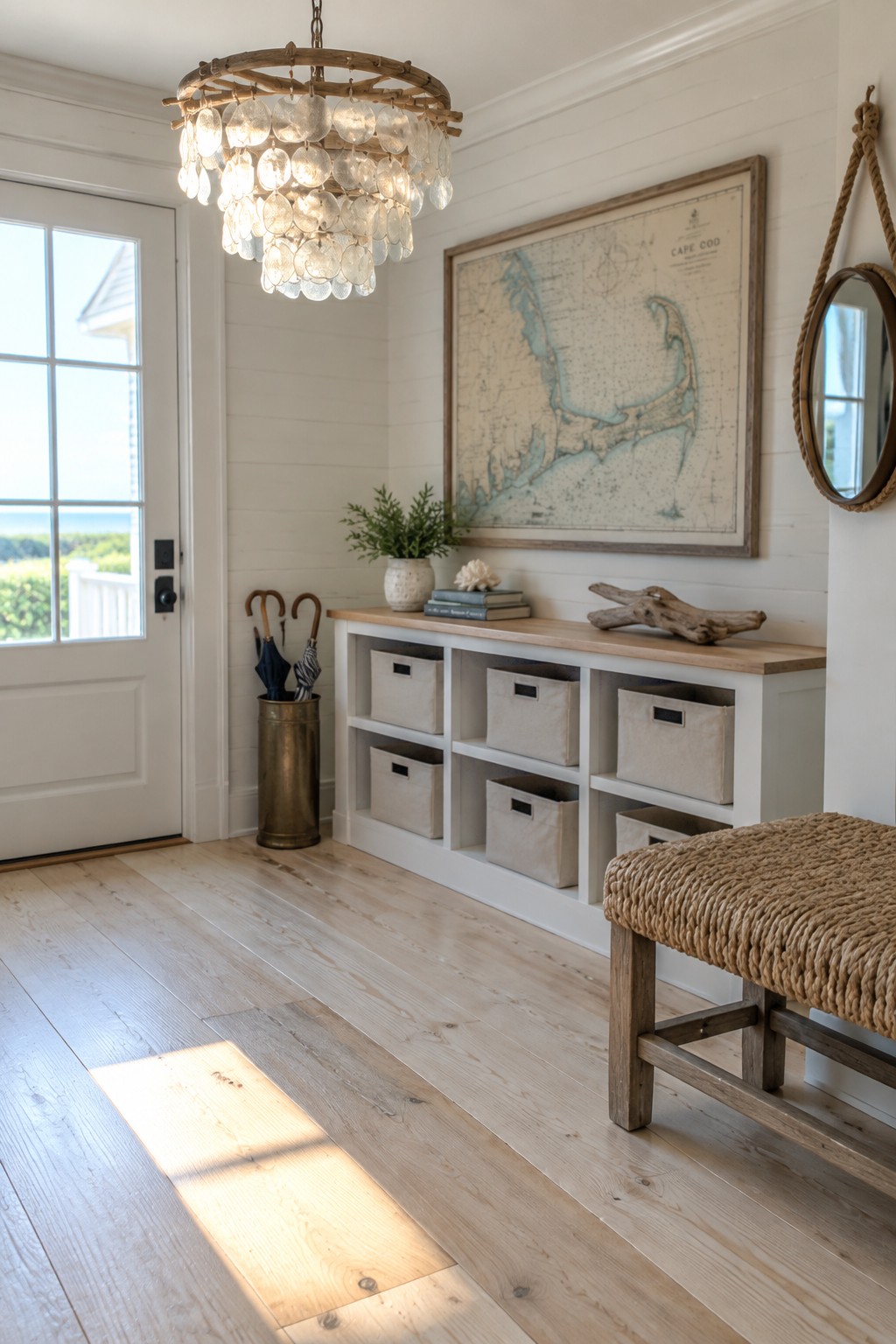 A bright foyer interior with a multi-tiered wood and glass chandelier, a white console with storage bins, a woven bench, and a large framed map on the wall.