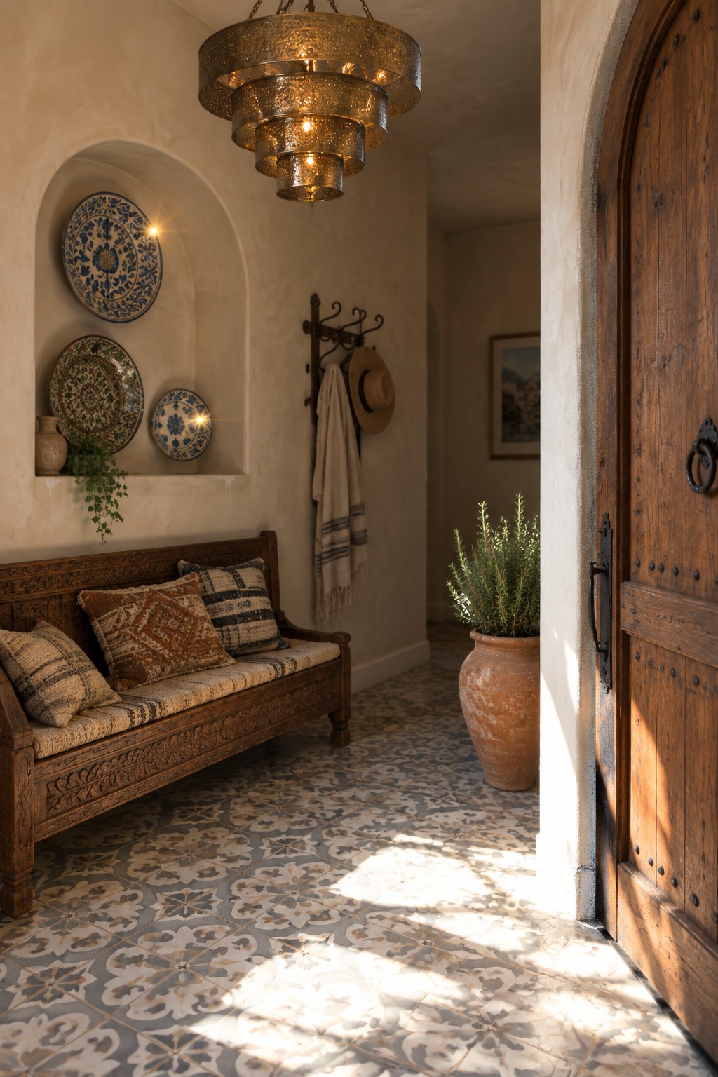 A rustic foyer interior with a multi-tiered hammered metal chandelier above patterned tile flooring, a carved wooden bench with pillows, and an arched niche holding decorative plates.