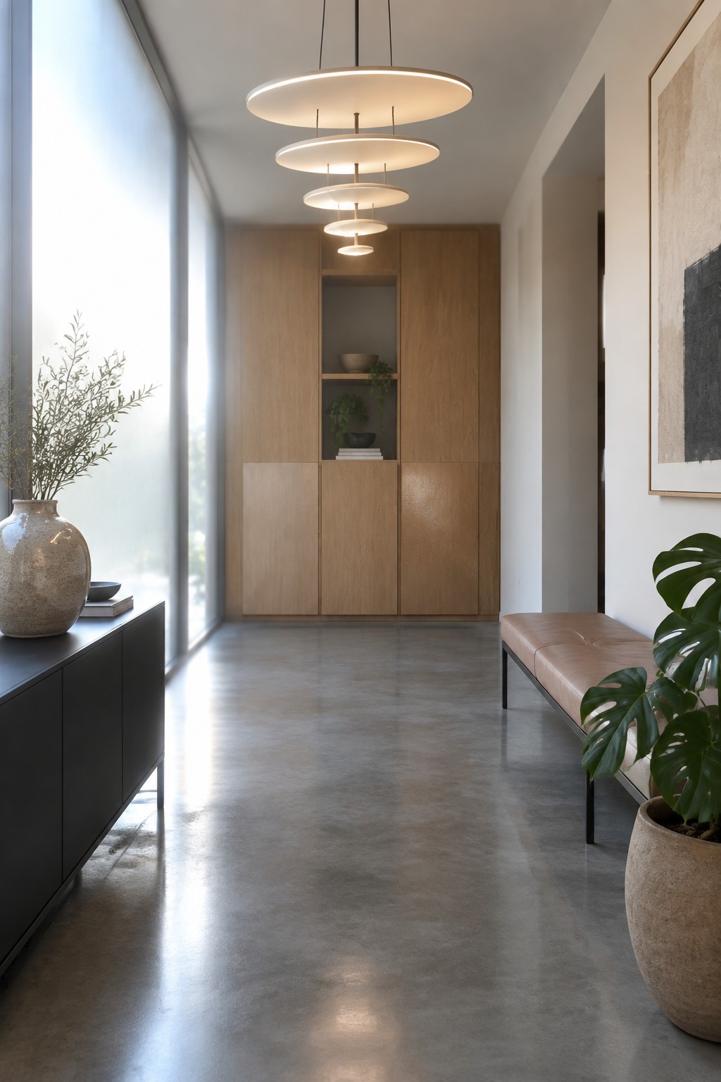A modern interior hallway with a multi-tiered circular chandelier suspended above a polished concrete floor, light wood cabinetry, and a tan leather bench.