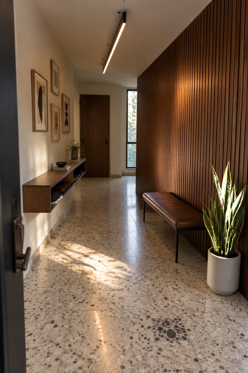 A narrow interior hallway with a long linear light fixture suspended from the ceiling, wood slat wall on the right, floating wood shoe cabinet on the left, and a brown bench beside a potted plant.
