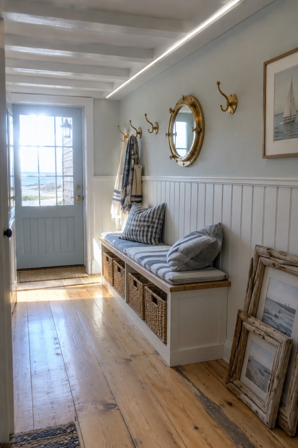 A narrow interior hallway with a long linear ceiling light, built-in bench with striped cushions and woven baskets, and brass hooks on a light blue wall.