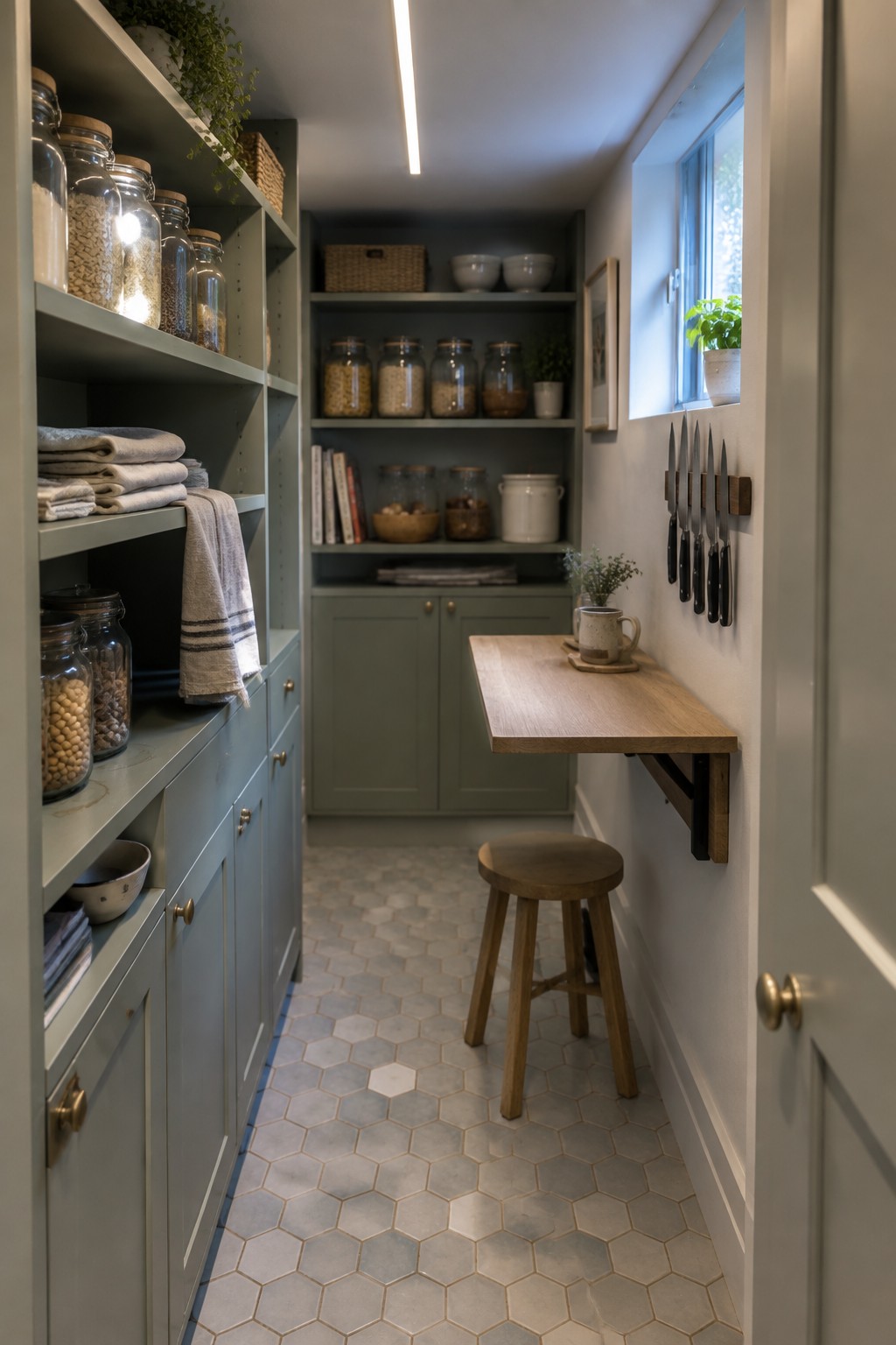 A narrow interior pantry with sage green cabinets and open shelves holding glass jars, a fold-down wooden table, a round wooden stool, and a long linear ceiling light fixture.