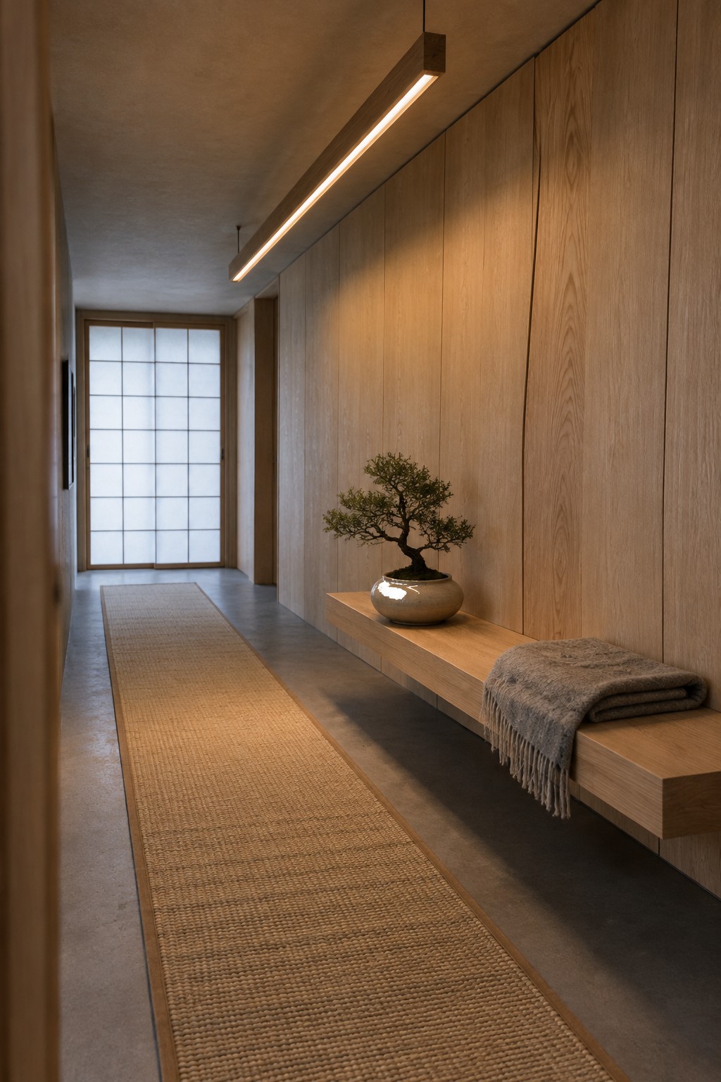 Minimalist Japanese hallway with floating wooden bench, bonsai, gray blanket, and woven runner