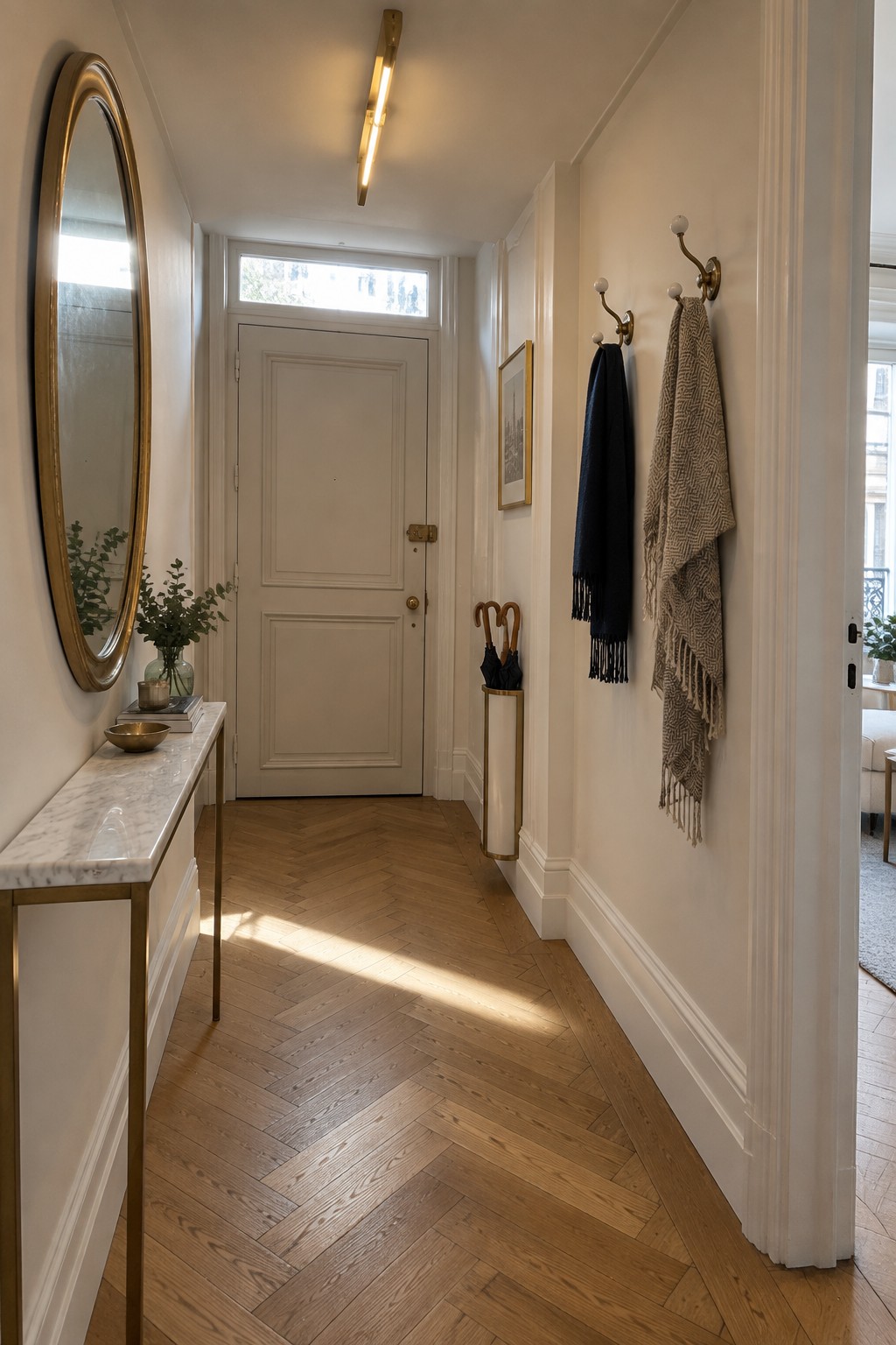 Elegant hallway with herringbone wood floor, marble console, gold mirror, and brass hooks.