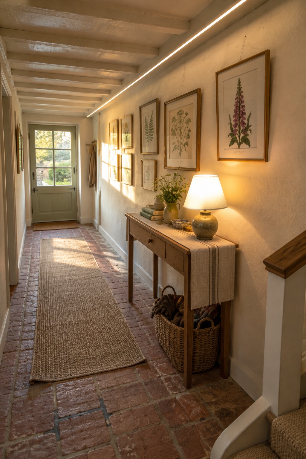 Narrow interior hallway with red brick floor, wooden console table holding a lamp and vase, framed botanical prints on the wall, and a linear light fixture running along the upper wall.