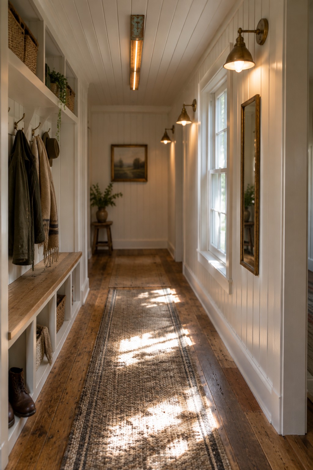 A narrow interior hallway with white walls, wooden flooring, a long runner rug, open shelving with coats and baskets, and a linear light fixture mounted along the ceiling.