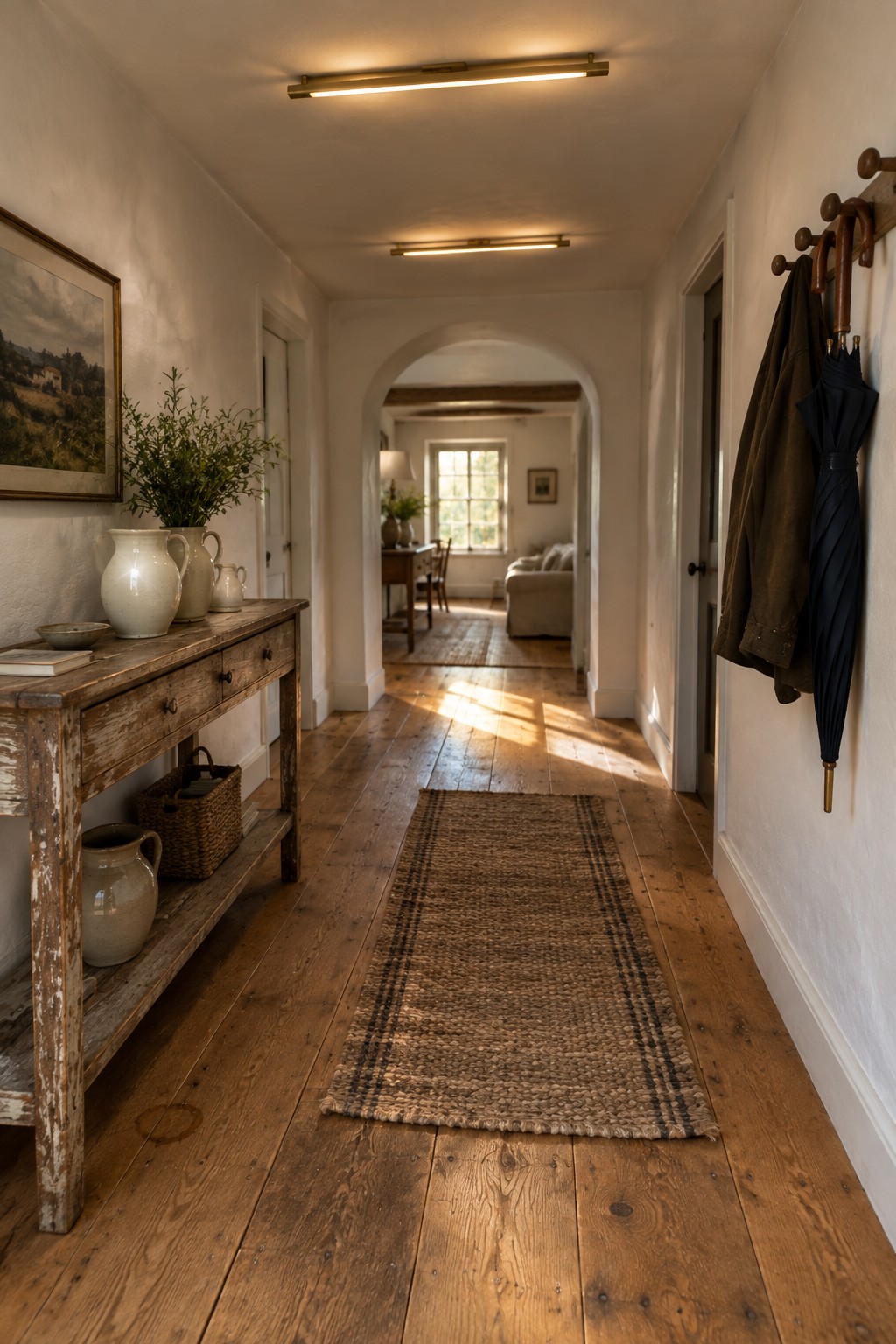 A narrow interior hallway with wooden floors, white walls, a wooden console table on the left holding vases and a plant, and two long linear light fixtures mounted on the ceiling.