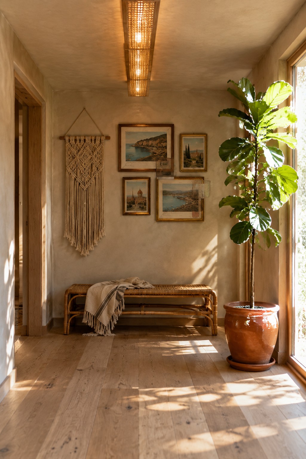 A narrow interior hallway with a long rectangular woven pendant light hanging from the ceiling, framed pictures and a macrame hanging on the wall, a rattan bench below, and a large potted plant near the window.