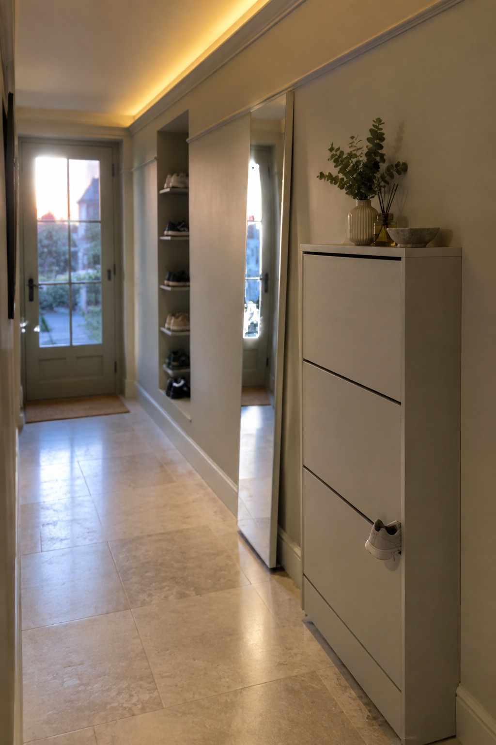 Modern hallway with built-in shoe shelves, white dresser, mirror, and tiled floor.