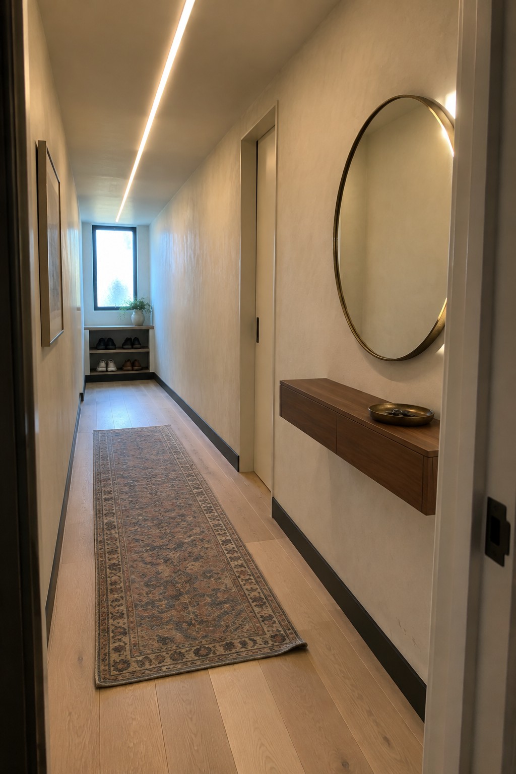 A narrow interior hallway with light wood floors, a long runner rug, a continuous linear ceiling light, and a round wall mirror on the right.