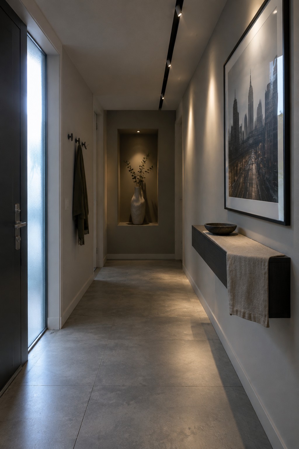 A narrow modern hallway with gray tile flooring, a long black linear track light mounted on the ceiling, a large framed city photograph on the right wall, and a recessed niche holding a white vase at the far end.