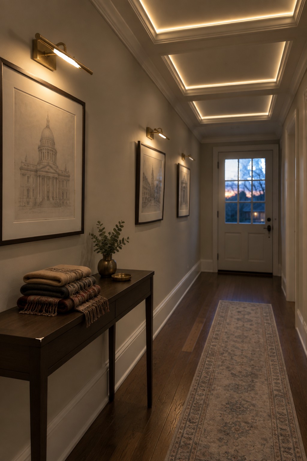 A narrow interior hallway with wood flooring, a long patterned runner, framed architectural prints on the walls, a dark wood console table holding folded blankets and a small vase, and several brass linear wall sconces providing illumination toward a white door at the end.