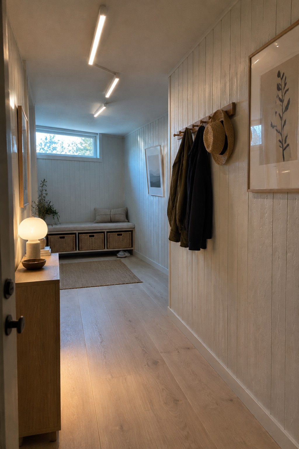 A narrow hallway with light wood floors, white vertical paneling, a built-in bench with storage baskets, coat hooks on the right wall, and several long linear light fixtures mounted end to end on the ceiling.