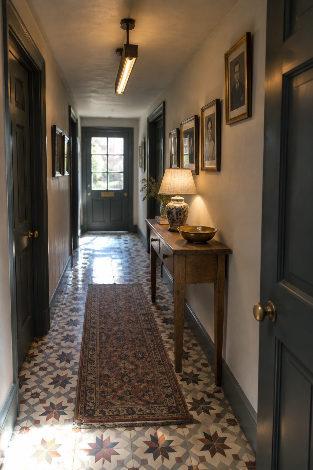 Narrow hallway with star-patterned tiles, runner rug, wooden console table, and framed portraits.