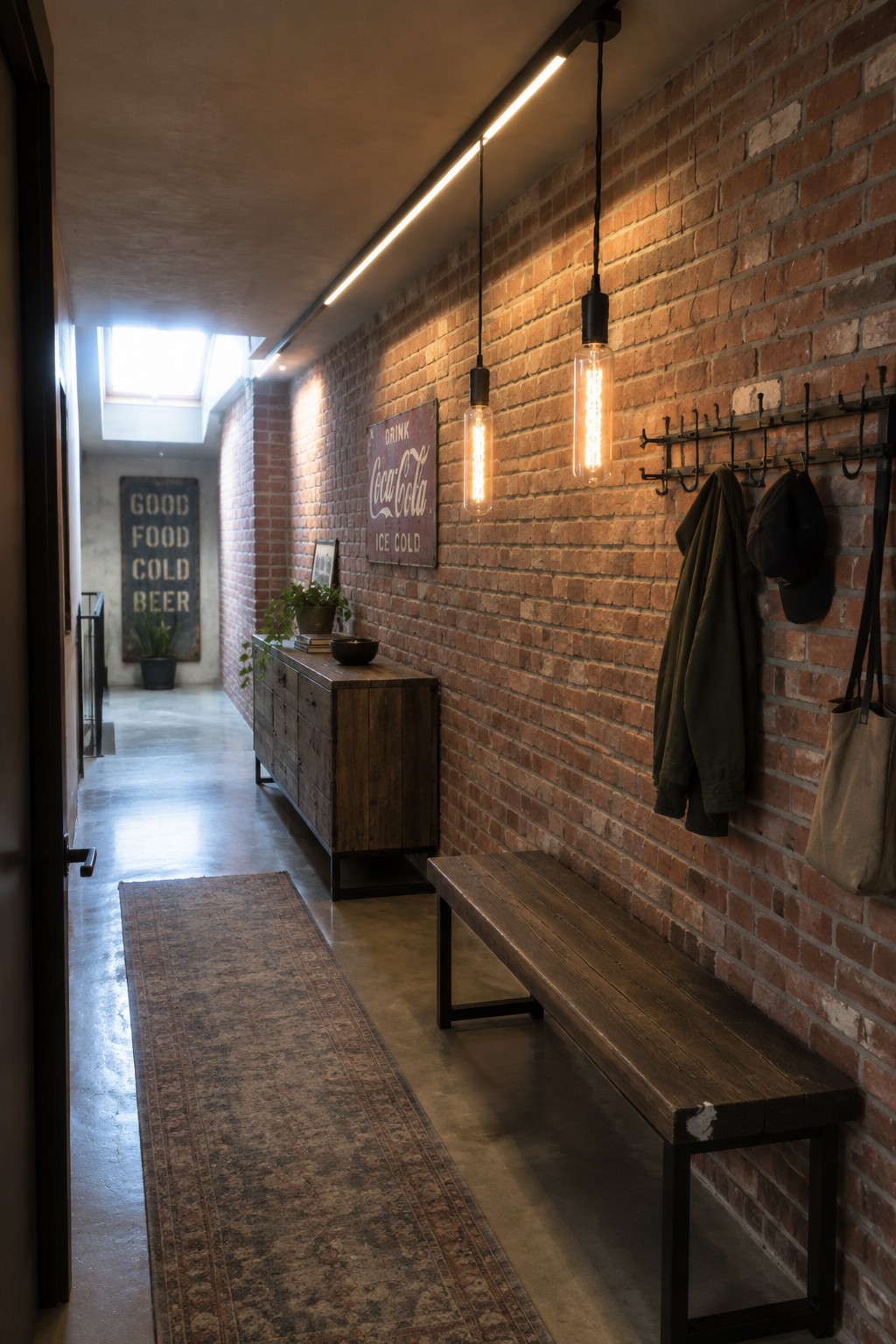 A narrow interior hallway with exposed brick walls, a long linear ceiling light, a wooden bench, and wall-mounted coat hooks.