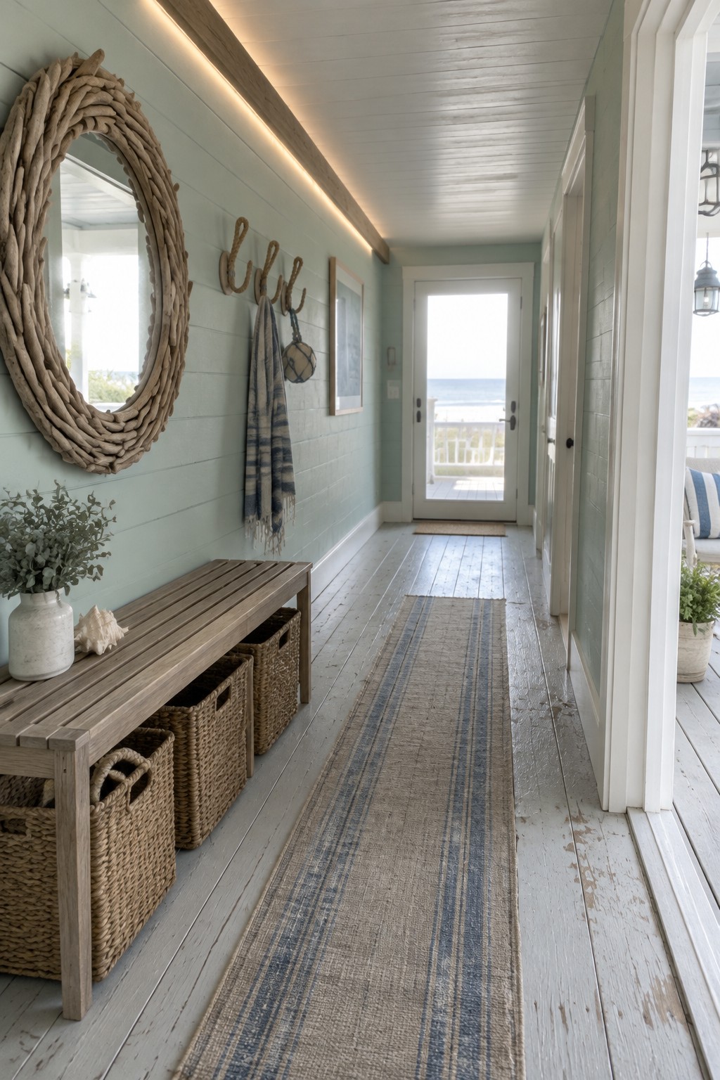 A narrow interior hallway with light blue walls, white wood floor, wooden bench with woven baskets, round driftwood mirror, and a long linear light fixture integrated under a wooden beam on the ceiling.