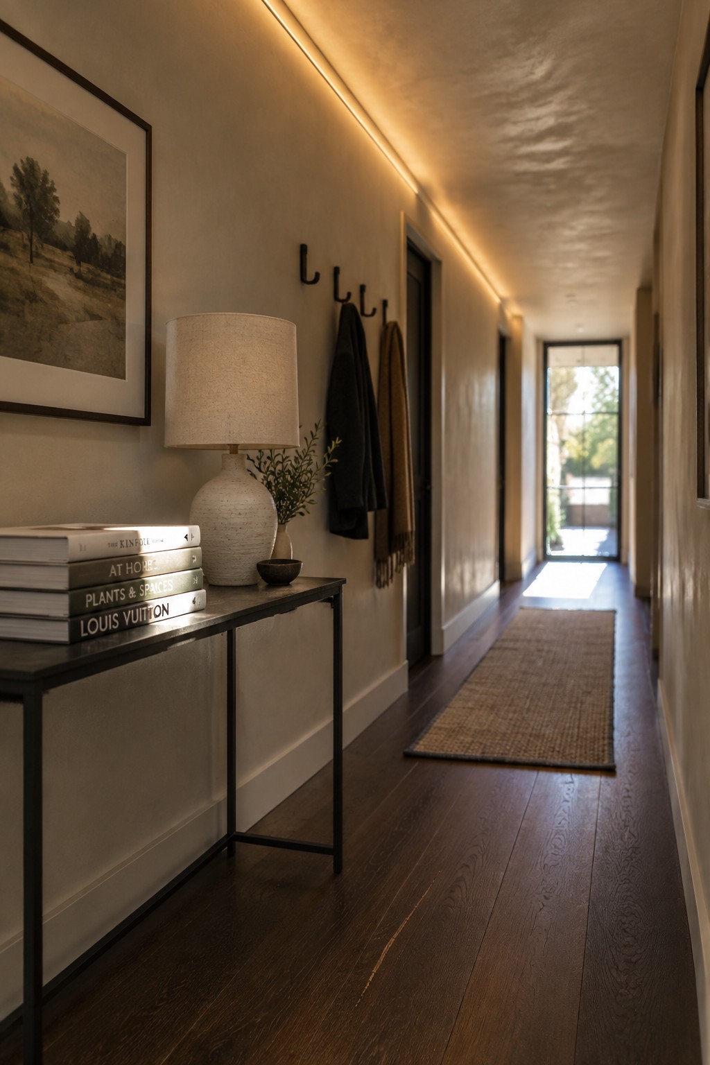 A narrow interior hallway with wood flooring, a console table on the left, wall hooks with coats, and a linear light running along the low ceiling toward a glass door at the end.
