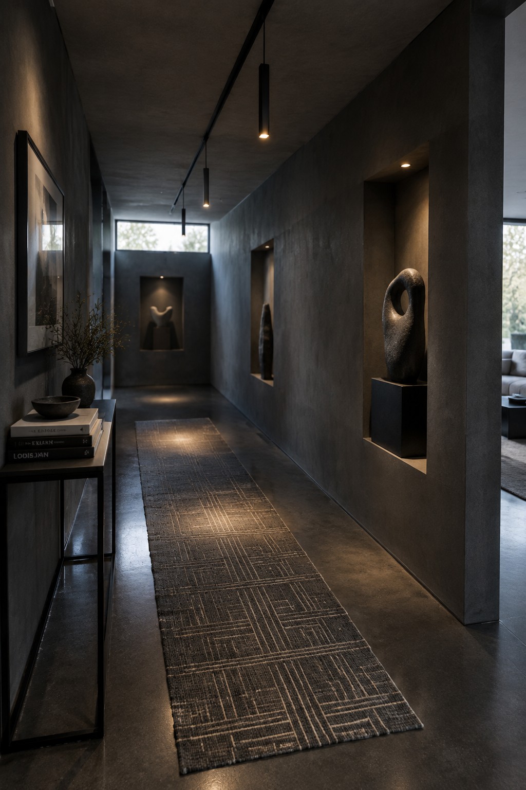 A long narrow interior hallway with dark concrete walls, a patterned runner rug on the floor, and several black cylindrical pendant lights hanging in a line from the ceiling.
