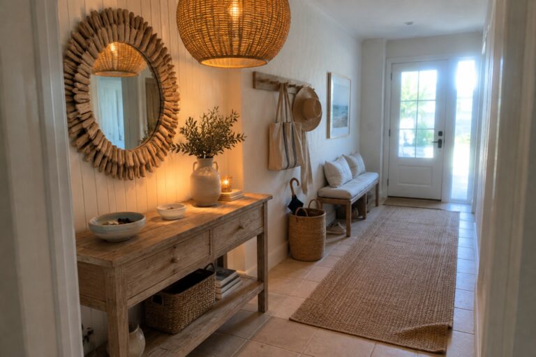 A narrow interior entryway with a large spherical woven rattan pendant light, a wooden console table below a round mirror, and a white door at the far end.