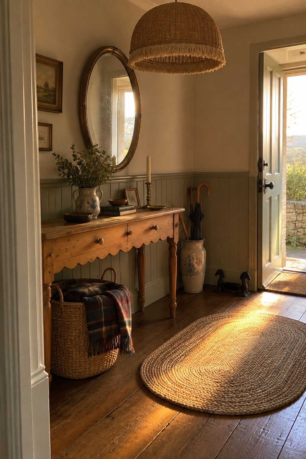 An interior foyer with a large woven rattan pendant light above a wooden console table, round mirror on the wall, and an open door letting in sunlight.