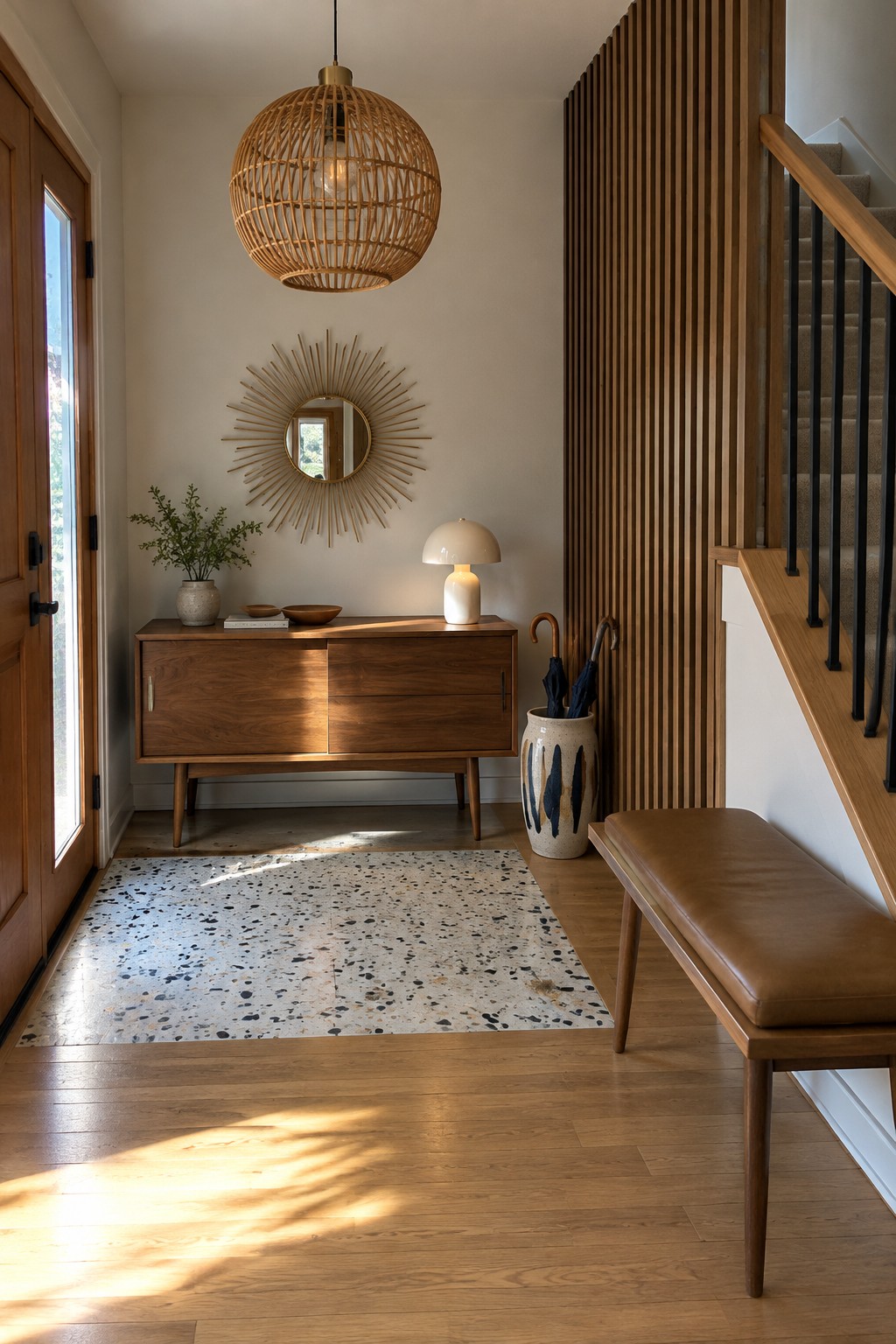 A foyer interior with a large spherical rattan pendant light above a wooden console, terrazzo rug, and staircase.