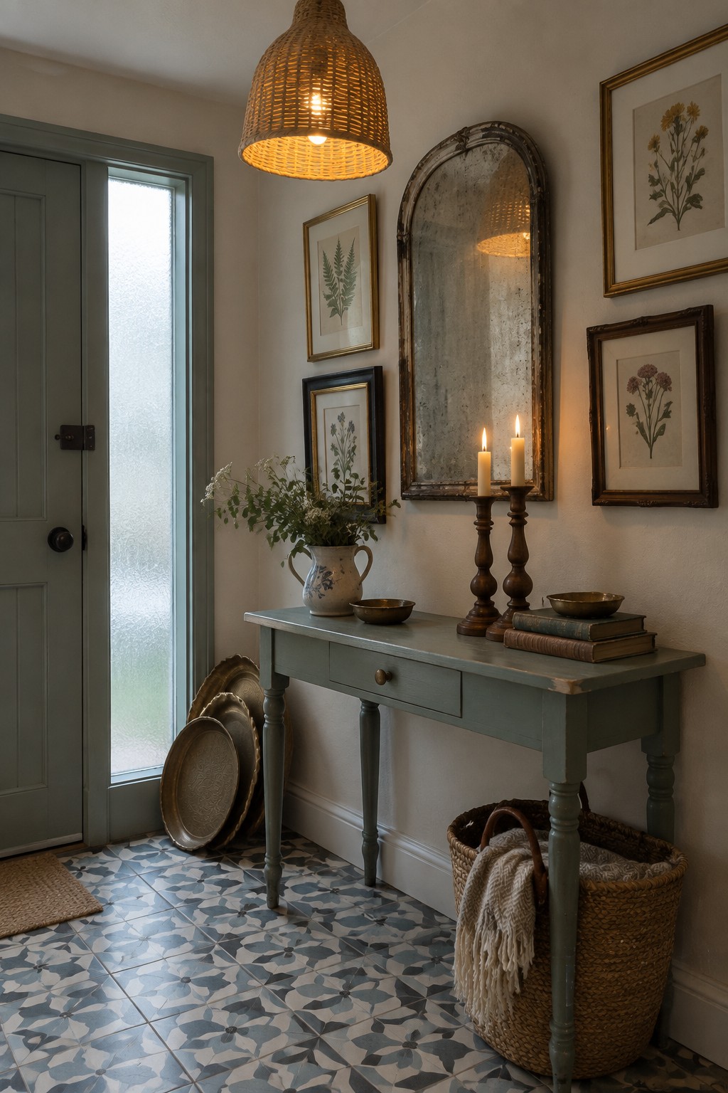 An entryway with a woven rattan pendant light above a painted console table holding candles, a vase, and books, next to a door with frosted glass panes.