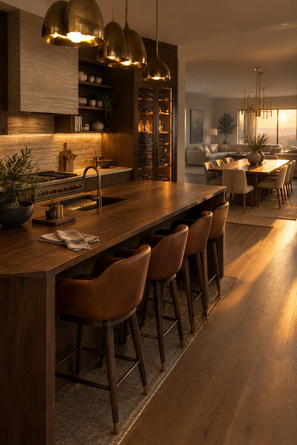 Luxurious modern kitchen with wooden island, brown leather stools, and golden pendant lights
