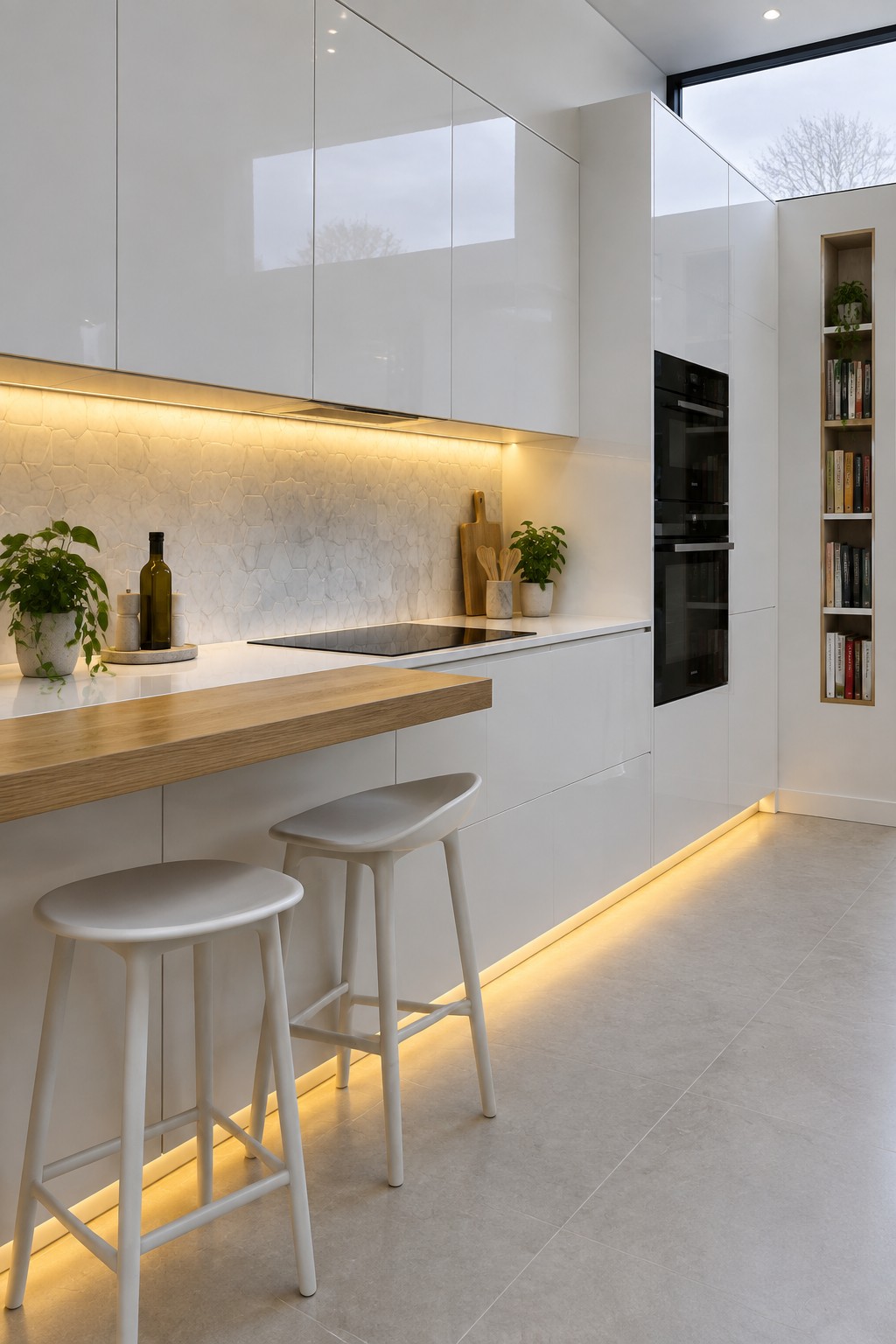 Modern white kitchen with under-cabinet LED strip lighting glowing along the countertop and island, two white bar stools in foreground, and built-in black ovens on the right.