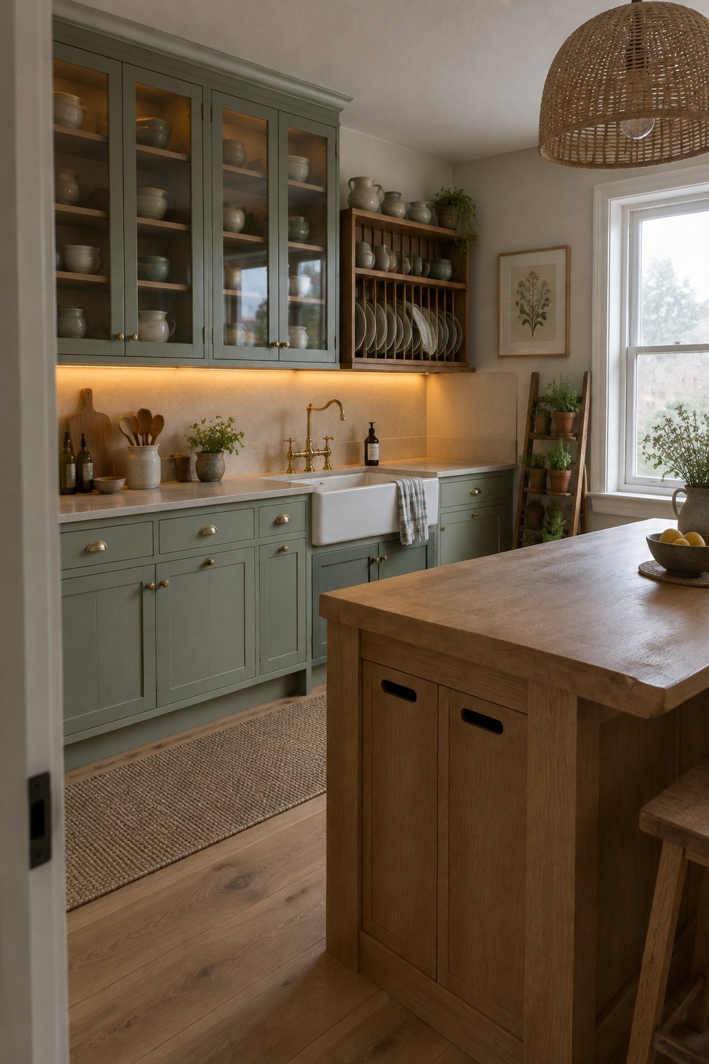 Sage green kitchen with white farmhouse sink, wooden island and woven pendant light