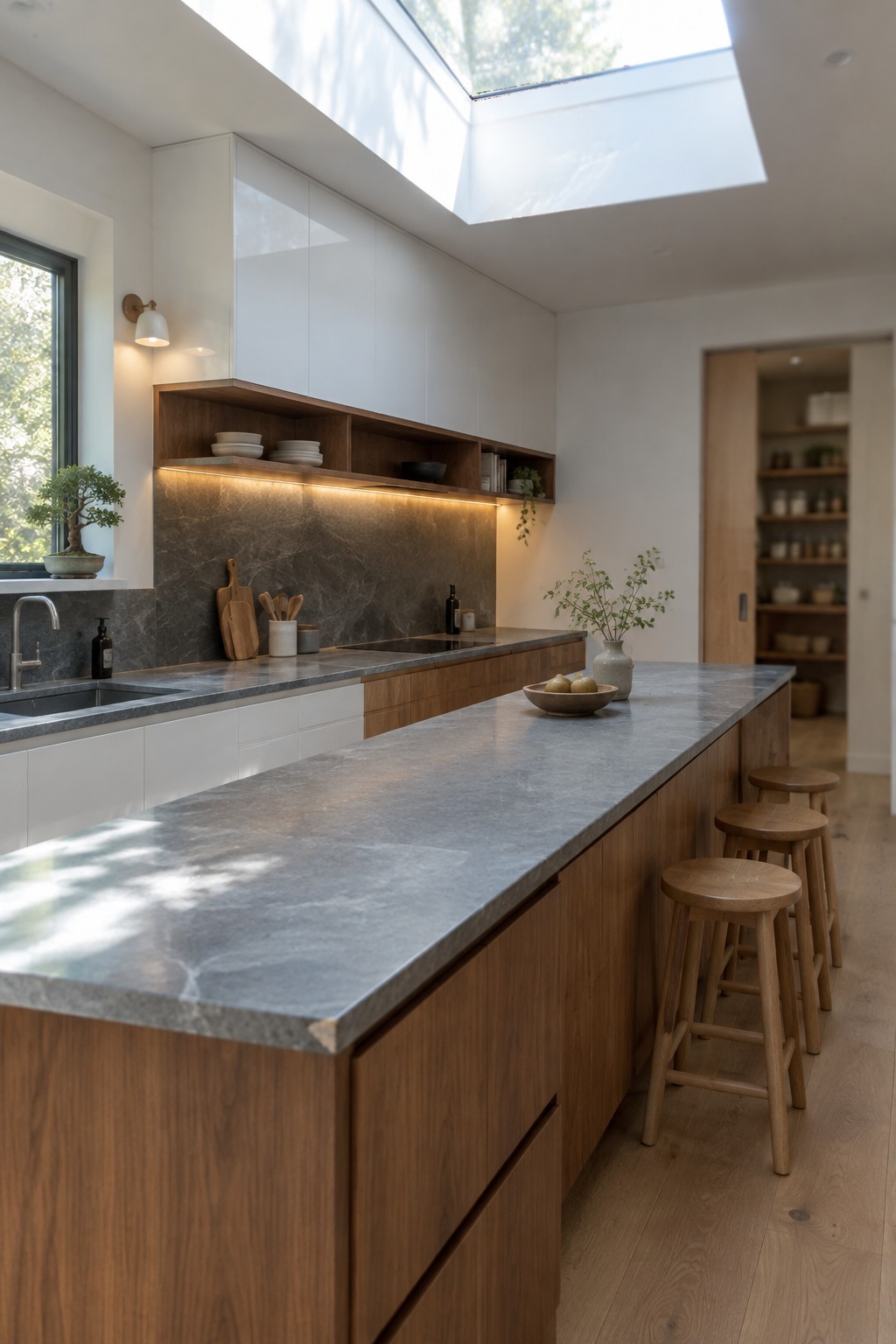 A kitchen interior showing a long wooden island with marble countertops, open wooden shelves above the counter illuminated by under-shelf LED strips, a dark marble backsplash, and several wooden stools along the island.