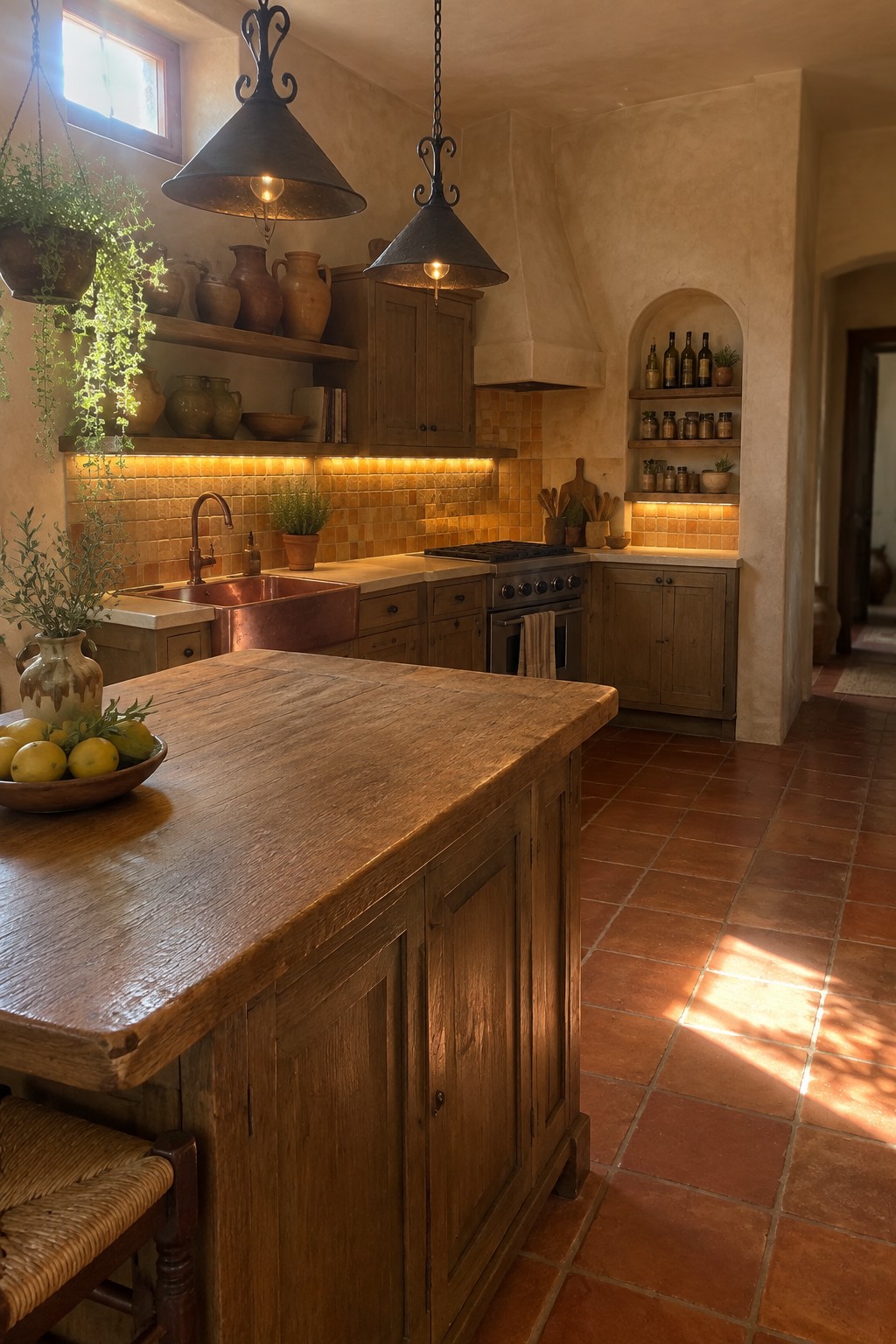 Rustic kitchen with wooden island, copper sink, terracotta tiles, and warm lighting