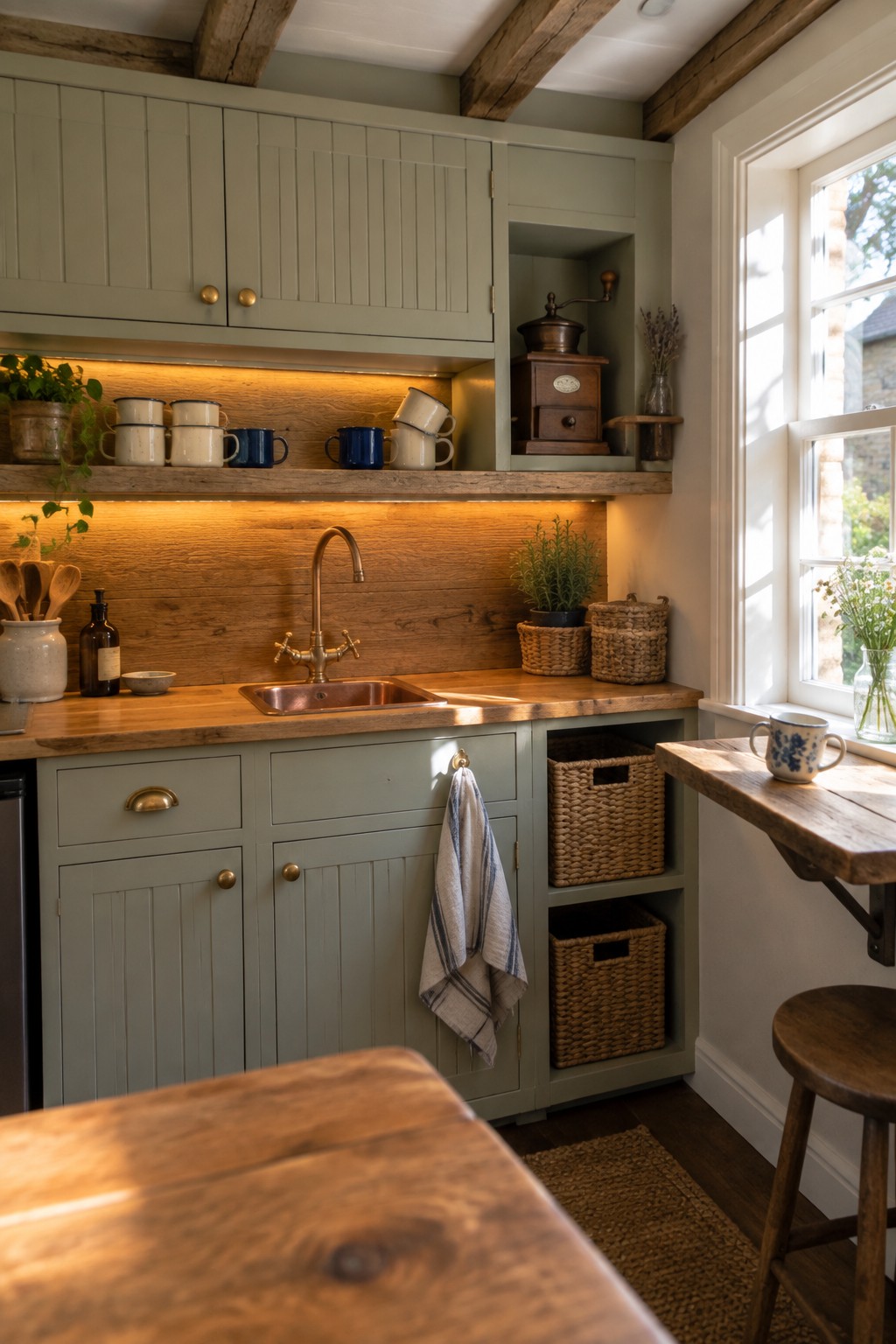A kitchen corner with sage green cabinets, wooden countertops and open shelving, a copper sink, and warm under-cabinet lighting glowing along the back wall.